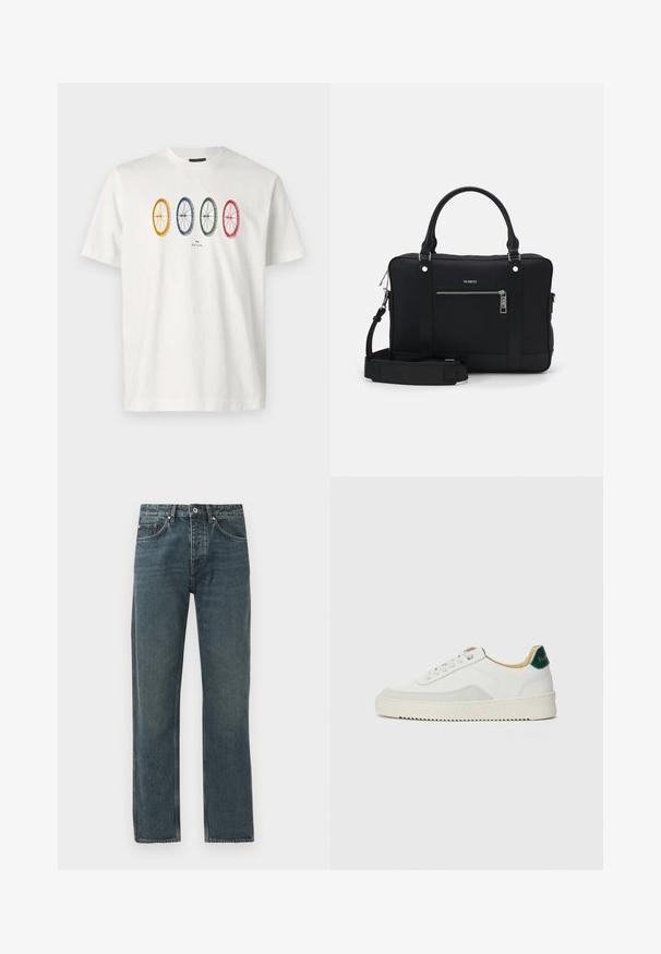 Bela bombažna majica z značilnimi grafikami štirih koles v rumeni, modri, zeleni in rdeči barvi. Kratke rokave in sproščen kroj.; Temno modri denim kavbojke s ravno krojem, ki vključujejo pet žepov, gumbno zapiranje in kontrastne šive.; Bela trenerka z zaključki iz semiša, okroglo konico, ravne vezalke in kremna gumijasta podplata. Ima zeleno blagovno znamko na peti.; Črna sintetična torba s two ročaji, odlepljivim naramnim trakom, sprednjim žepranim žepom in srebrnimi kovinskimi dodatki.