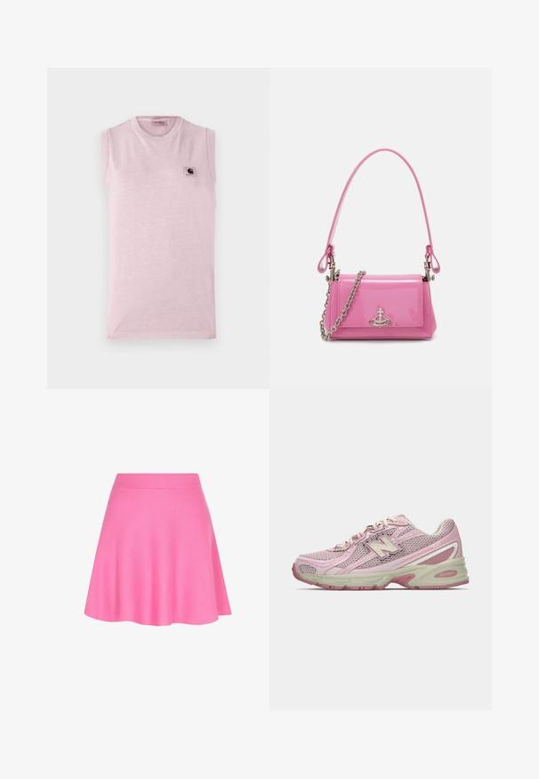 Lichtroze mouwloze t-shirt van zachte stof, met een ronde halslijn en een klein vierkant logo-opdruk op de linker borst.; Roze gebreide rok met een aansluitende tailleband en een uitlopende vorm, gemaakt van zachte stof die een soepele textuur toevoegt.; Roze en beige New Balance 740 sneaker met een bovenwerk van mesh en kunstleer, vetersluiting en een gevoerde zool, weergegeven in zijprofiel.; Roze gepatineerde lederen handtas met een rechthoekige vorm, afneembare kettingriem en zilveren hardware detail aan de voorkant.