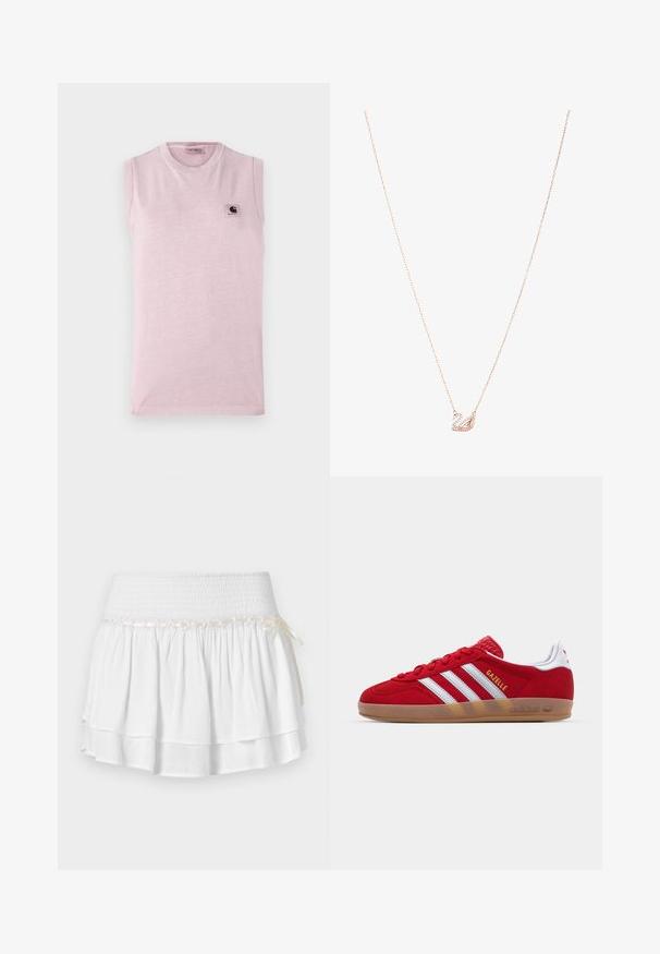 T-shirt sans manches rose clair en tissu doux, avec un col rond et un petit logo carré sur la poitrine gauche.; Jupe blanche à volants avec une taille élastique, présentant un détail de smockage texturé et une accentuation en ruban décoratif. Tissu en coton.; Basket en daim rouge avec un design à trois rayures blanches et le texte doré "Gazelle". Comprend une semelle en caoutchouc et un talon texturé.; Collier en or rose avec un pendentif cygne, orné de cristaux transparents. La chaîne présente un design de maillons délicat.