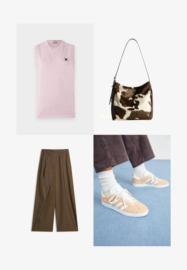 Lichtroze mouwloze t-shirt van zachte stof, met een ronde halslijn en een klein vierkant logo-opdruk op de linker borst.; Bruine wijde broek met fijne witte streepjes, hoge taille, sluiting met een knop aan de voorkant en een overslagpaneel.; Beige suede sneakers met witte accenten, voorzien van drie strepen, een ronde neus en een gestructureerde zool; gecombineerd met witte crew sokken.; Bruine en crèmekleurige koeienhuid schoudertas met een gladde leren band, ritssluiting en een zachte, tekstuursurface met een natuurlijk patroon.