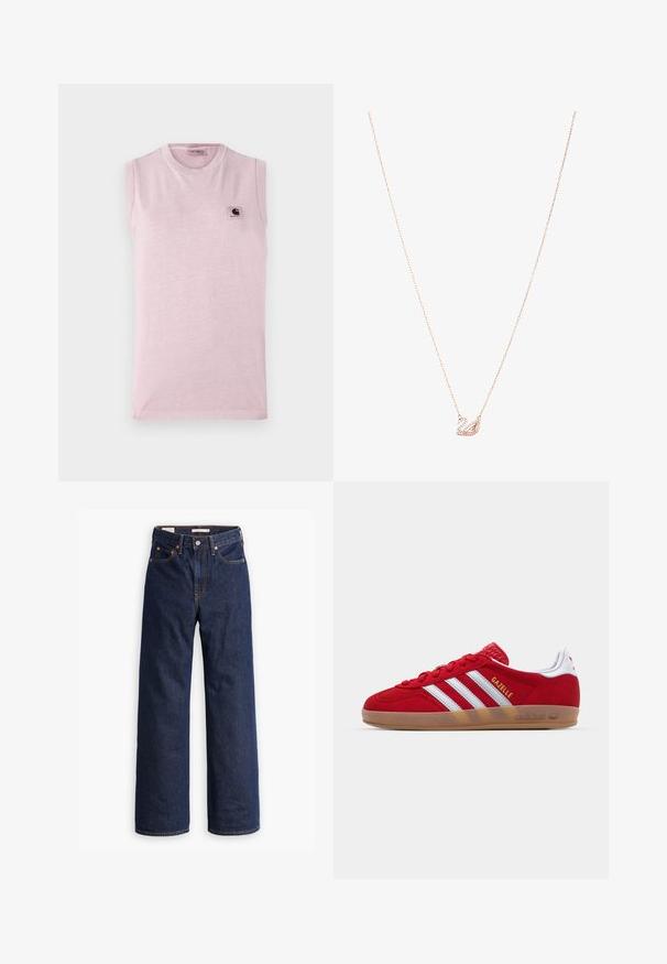 Light pink sleeveless t-shirt made of soft fabric, featuring a round neckline and a small square logo patch on the left chest.; Dark blue straight-leg denim jeans with five pockets, orange stitching, and a button fly closure.; Red suede sneaker with white three-stripe design and gold "Gazelle" text. Features a rubber gum sole and textured heel.; Rose gold necklace with a swan pendant, embellished with clear crystals. The chain features a delicate link design.