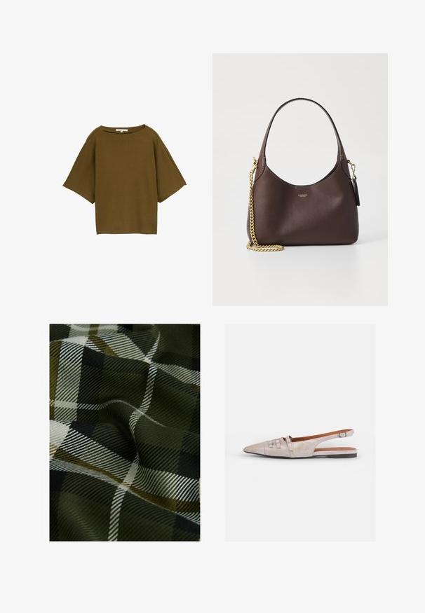 Torță maronie, cu mânecă scurtă și croi lejer, realizată dintr-un material texturat. Dispune de un decolteu larg și un design pătrățos.; Țesătură tartan împletită cu culori verde închis, negru și alb. Textura este netedă, cu un finisaj moale și modelat.; Pantof light beige de tip slingback, cu vârf ascuțit, textură moale de suede, având două catarame decorative și un toc jos, plat.; COACH BROOKLYN SHOULDER BAG 23 - Geantă de mână - maple