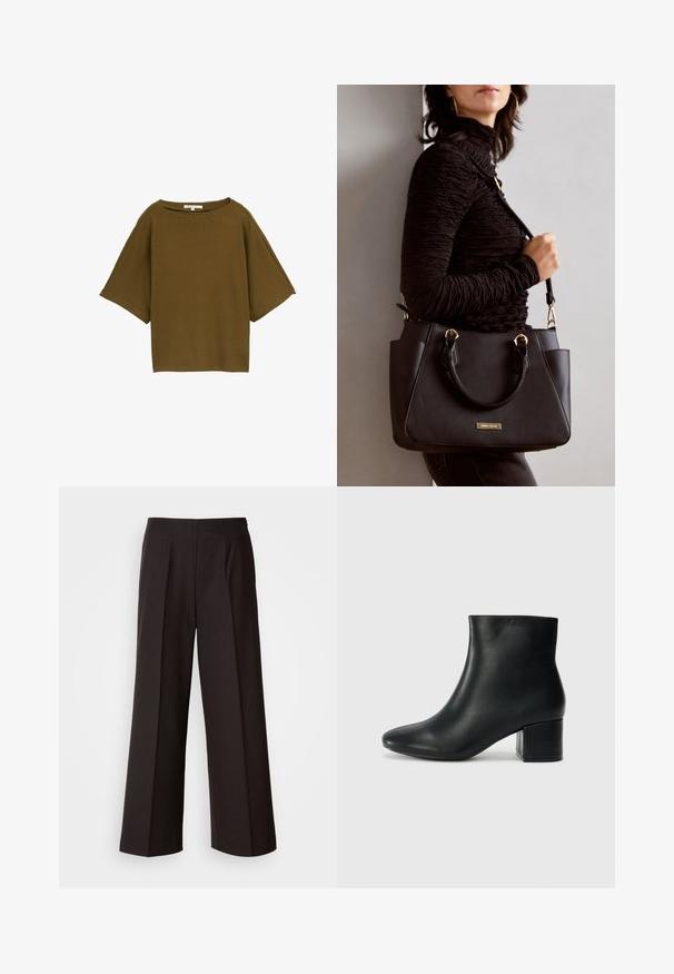 Rjava majica s kratkimi rokavi in ohlapnim krojem, izdelana iz teksturirane tkanine. Ima širok izrez in kvadratno obliko.; Črne široke hlače s ravnim sprednjim delom, pliseji in gladko teksturo tkanine. Imajo visok pas in skrbno krojen silhueto za strukturiran videz.; Črne usnjene gležnjarje s koničastim nosom in debelim peto. Gladka tekstura z minimalnimi detajli in eleganten, prilegajoč dizajn.; Črna torbica z teksturirano površino, z dvema zgornjima ročajema in nastavljivim ramenskim pasom. Ima zlatovrateče dodatke in stranske žepe.