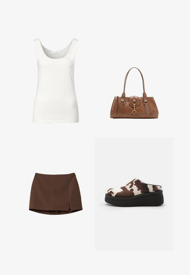 White sleeveless tank top with a rounded neckline. Made of smooth fabric, featuring a minimalistic design and a soft texture.; Brown mini skirt made of smooth fabric, featuring a front slit, clean lines, and a structured fit. No pockets or prominent hardware details.; Brown and white cow-print platform clogs with a soft upper, rounded toe, and a durable black rubber sole. Seamed detailing at the base.; Brown leather handbag with dual handles, gold hardware accents, and structured design. Features a central flap with a loop detail.