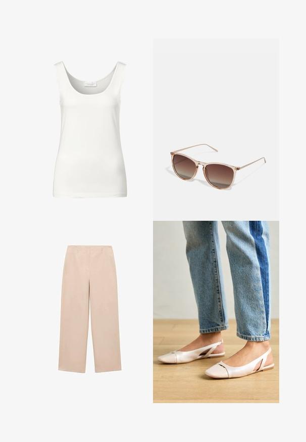 Bílý bezramínkový top s kulatým výstřihem. Vyrobeno z hladké tkaniny, s minimalistickým designem a jemnou texturou.; Béžové kalhoty s širokými nohavicemi vyrobené z hladké tkaniny, s plochým předním dílem a poutky na pásek, bez viditelných vzorů nebo ozdob.; Světle růžové slingback baleríny s špičatou špičkou, vyrobené z hladkého koženému materiálu. Obsahují vystřihovací detaily po stranách a plochý podpatek.; Hnědé sluneční brýle s gradientem, s průhledným růžovým rámem, čtvercovým tvarem a tenkými kovovými nohami. Charakterizovány zaoblenými hranami a minimálním zdobením.