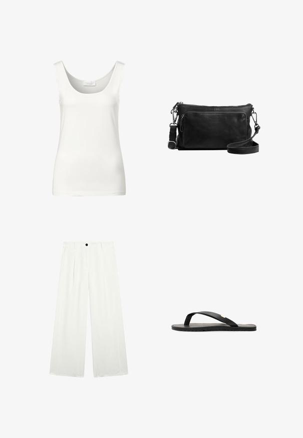 White sleeveless tank top with a rounded neckline. Made of smooth fabric, featuring a minimalistic design and a soft texture.; Wide-leg trousers in white fabric, featuring a single black button at the waist, two front pockets, and a smooth, crisp texture.; Black flip-flop sandal with a flat sole, textured black insole, smooth straps, and a small gold accent near the toe post.; Black leather crossbody bag with a zippered main compartment, front pocket, silver hardware, and an adjustable strap. Smooth texture.