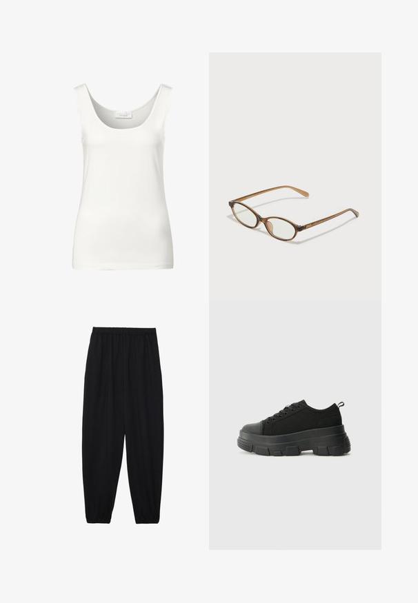 Hvid ærmeløs tanktop med rund halsudskæring. Lavet af glat stof, præget af et minimalistisk design og en blød tekstur.; Sort, lette bukser med elastisk talje og sammenfoldede ankler. Stoffet er glat og har et afslappet, indsnævret design.; Sorte sneakers med en kraftig gummisål, tekstureret stofoverdel, rund tå og snørredesign. Har forstærkede snørrehuller og en trækkrog bagpå.; Brune skildpaddemønstrede briller med ovale linser, tynde arme og gennemsigtige accenter. Har et diskret logo på stangen. Slankt, let design.