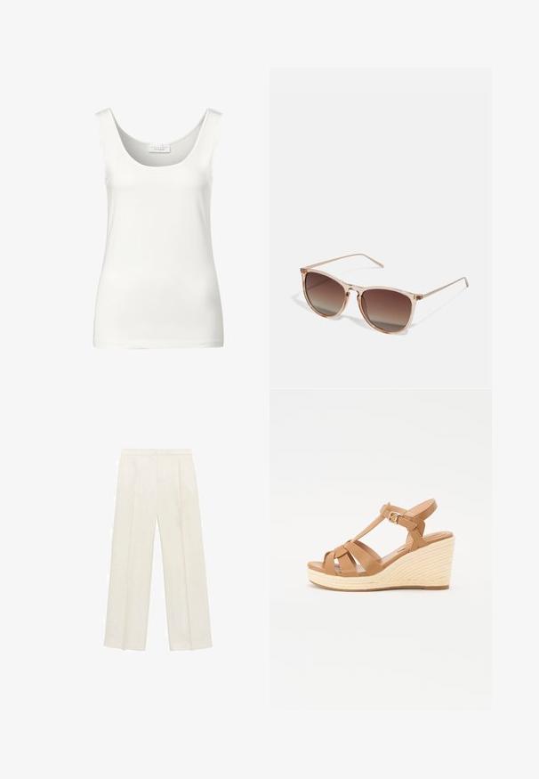 Bílý bezramínkový top s kulatým výstřihem. Vyrobeno z hladké tkaniny, s minimalistickým designem a jemnou texturou.; Kalhoty s širokými nohavicemi v světle krémové barvě. Vyrobené z hladké tkaniny s záhyby vpředu a bočními kapsami.; Hnědé klínové sandály s křížovým designem, nastavitelnou přezkou kolem kotníku a texturovaným tkaným klínem ve stylu espadrille.; Hnědé sluneční brýle s gradientem, s průhledným růžovým rámem, čtvercovým tvarem a tenkými kovovými nohami. Charakterizovány zaoblenými hranami a minimálním zdobením.