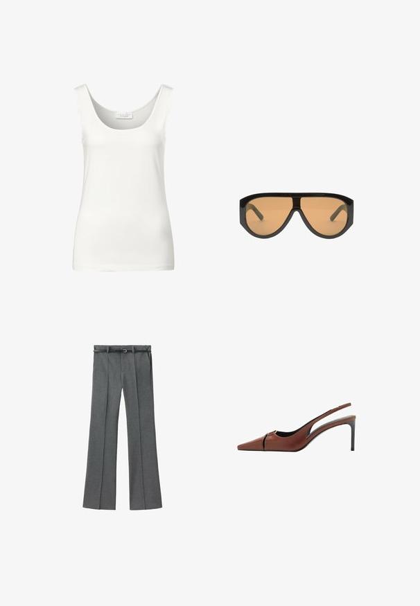 White sleeveless tank top with a rounded neckline. Made of smooth fabric, featuring a minimalistic design and a soft texture.; Gray tailored trousers with a straight leg design, lightweight fabric, belt loops, and a narrow belt featuring a silver buckle.; Brown leather slingback heel with a pointed toe, cutout detail at the vamp, and a sleek stiletto heel. Smooth texture.; Black oversized sunglasses with brown lens, featuring wide, angular frames and straight arms. Smooth glossy finish, minimal hardware.; Mango Handbag - brown