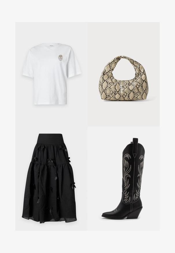 Weißes Baumwoll-T-Shirt mit einem lockeren Schnitt, runder Ausschnitt und kurzen Ärmeln. Auf der Vorderseite befindet sich ein kleines braunes Blumenmuster.; Sister Jane BIRDIE BOW MIDI SKIRT - A-Linien-Rock - black; Schwarze Leder-Cowboy-Stiefel mit spitzen Zehen, Keilabsätzen und silbernen, gestickten Blumenmustern entlang des Schafts. Kontrastnähte über das gesamte Design.; Schlangenmuster-Tasche mit einem gebogenen Griff. Hergestellt aus strukturierten, beige- und braunfarbenen Materialien, die ein markantes Diamantmuster aufweisen.