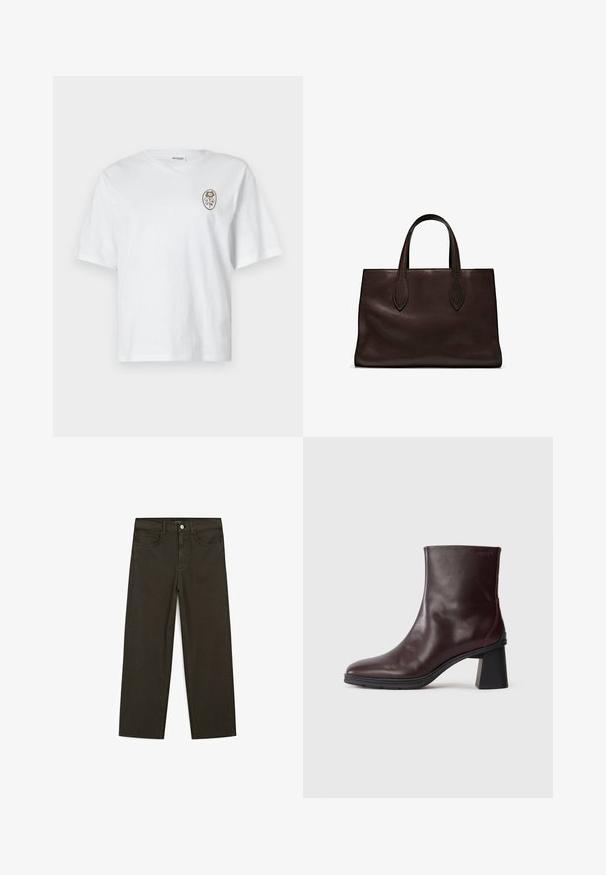 White cotton t-shirt with a relaxed fit, featuring a round neckline and short sleeves. Front has a small brown floral design.; Dark green wide-leg jeans made of cotton blend, featuring a front button closure, five pockets, and classic denim stitching.; Dark brown leather ankle boot with a block heel and round toe, displayed on a plain light gray background.; Brown leather tote bag with two elongated handles, structured rectangular shape, smooth texture, and subtle stitching details.