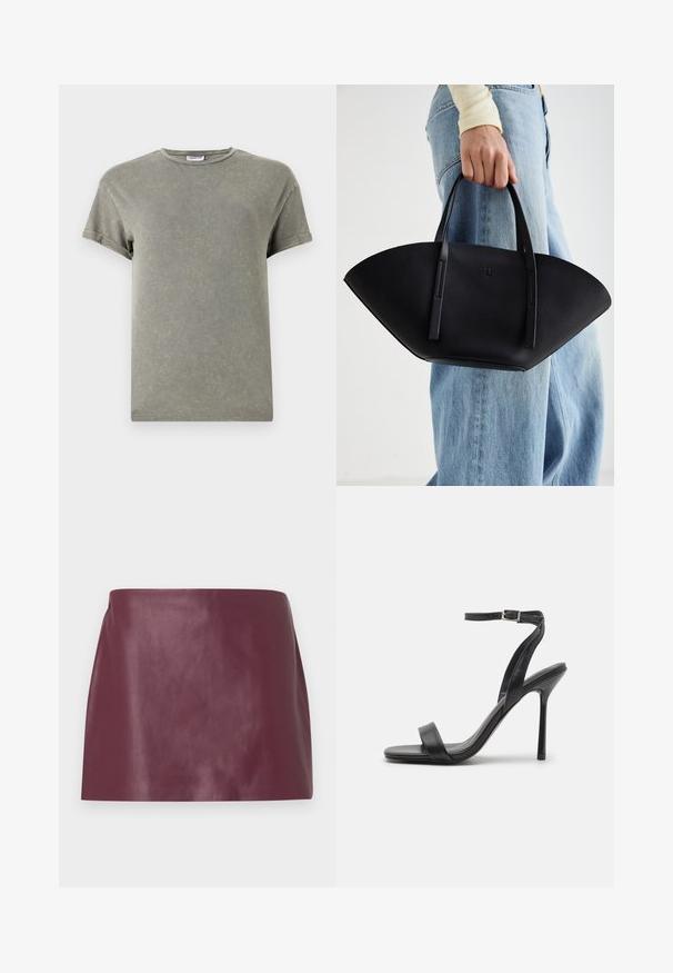 Zbledele zelena majica, kratki rokavi, okrogli izrez, mehak bombažni material, rahlo obrabljen videz, sproščen kroj.; Mini krilo iz gladkega burgundskega usnja s pravo linijo in brez vidnih okrasnih elementov ali zapor.; Črne sandale na visoki peti z ozkim gležnjastim trakom in dvema sprednjima pasoma. Narejene iz gladke kože z elegantnim koničastim nosom in stiletto peto.; Črna usnjena torbica z edinstveno obliko ventilatorja, z ravnimi ročaji. Površina ima teksturo z drobnimi kamni in minimalističen dizajn.