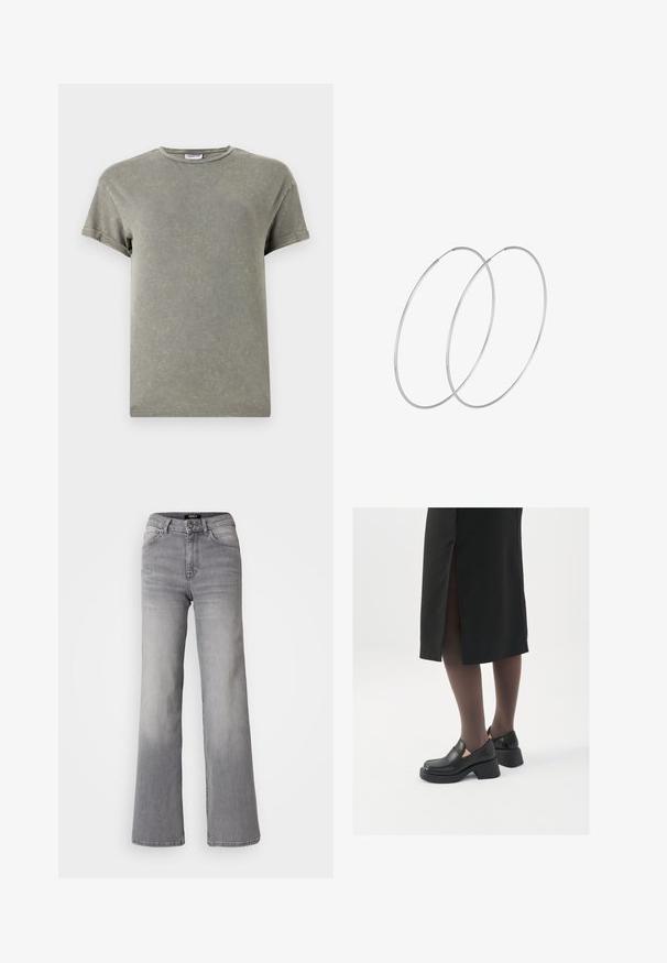 Zesláblé zelené tričko, krátké rukávy, kulatý výstřih, měkký bavlněný materiál, mírně opotřebovaný vzhled, pohodlný střih.; Džíny z šedého denimu s vysokým pasem a rovnými nohavicemi, předním zapínáním na knoflík a zip, předními a zadními kapsami, a vybledlým stínováním na stehnech a lýtkách.; Černé kožené boty s kulatou špičkou, silným blokovým podpatkem a elastickými bočními akcenty, spárované s tmavými punčochami a černou sukní se rozparkem.; Stříbrné kruhové náušnice s minimalistickým designem. Kruh, hladký povrch a tenký profil. Lehká konstrukce s lesklým povrchem.