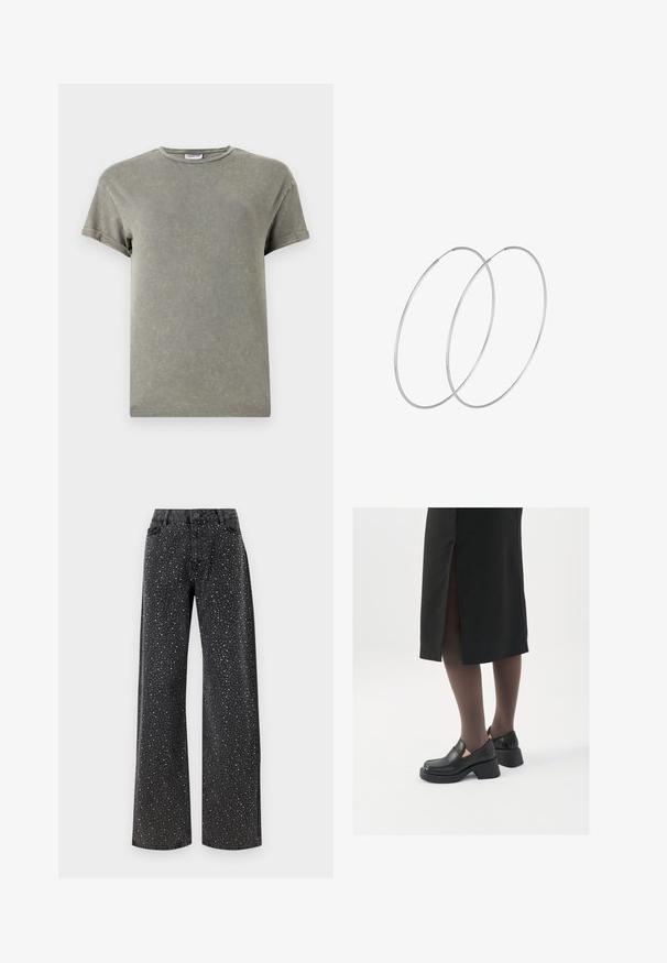 Haalarivihreä t-paita, lyhyet hihat, pyöreä pääntie, pehmeä puuvillamateriaali, hieman kulunut pintakuvio, rento istuvuus.; Noisy May NMJANNEL LOOSE - Relaxed fit -farkut - black denim; Mustat nahkakengät pyöreällä kärjellä, paksulla lohkopohjalla ja joustavilla sivuakkesseilla, yhdistettynä tummiin sukkahousuihin ja mustaan hameeseen, jossa on halkio.; Hopehope hopeilla, joissa on minimalistinen muotoilu. Pyöreä muoto, sileä pinta ja ohut profiili. Kevyet ja kiillotetut.
