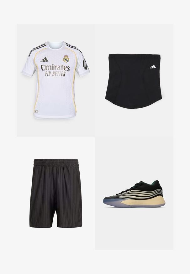 Hvit fotballtrøye med korte ermer, med svarte og gule detaljer, rund hals og teksturert stoff. Viser laglogo og sponsor navn.; Sorte shorts med elastisk linning, med vertikale striper og et lett, strukturert stoff. Lengde midt på låret.; Svart idrettssko med buede hvite striper, teksturert svart overdel, lys grå såle og en gjennomsiktig blå yttersåle. Minimalistisk design.; Svart atletisk hodebånd med en glatt tekstur, buet form og elastisk topp. Har en liten hvit Adidas-logo på siden.