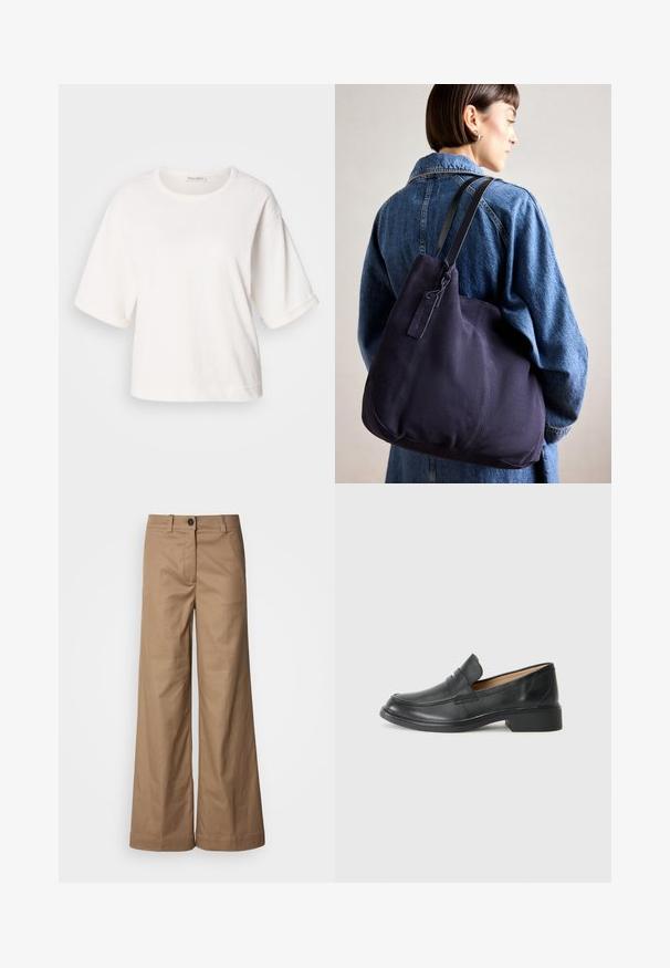 Fehér pamut póló laza szabással, rövid, felhajtott ujjakkal, kerek nyakkal és sima textúrával. Egyszerű, minimalista dizájn.; Széles lábú nadrág sima, bézs szövetből. Elől gombos záródás, övékhez hurkok és oldalsó zsebek találhatók. Tiszta vonalak, látható minták nélkül.; Fekete bőr loaferek alacsony sarokkal, varrott mintával és slip-on stílussal, sima fehér háttér előtt.; Tengerészkék vászon válltáska, puha, struktúrált formával, fekete pánttal, varrott részletekkel és egy kis márkajelzéssel.