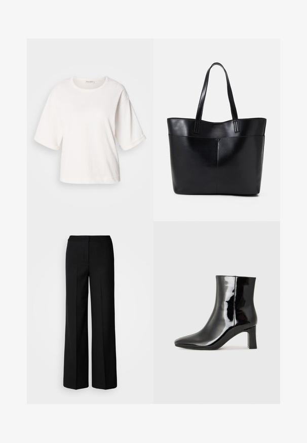 Hvit bomull t-skjorte med en avslappet passform, korte oppbrettede ermer, rund hals og en glatt tekstur. Enkel, minimalisk design.; Svarte vide bukser med et glatt stoff, med høy livvidde, skreddersydde sømmer og et minimalistisk design. Ingen synlig maskinvare eller lommer.; Sorte patentlær ankle boot med spiss tå og en mellomhøy blokkhelt. Glatt tekstur og minimalistisk design.; Svart lær toteveske med to lange håndtak, en glatt tekstur og en strukturert form. Har en frontlomme for ekstra oppbevaring.