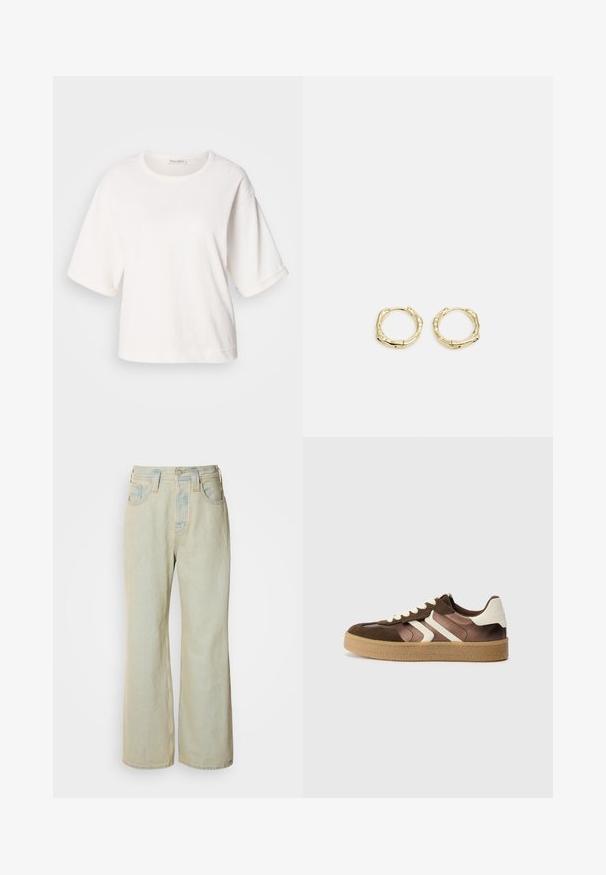 Bela bombažna majica s sproščenim krojem, kratkimi nastavljivimi rokavi, okroglo ovratnikom in gladko teksturo. Preprost, minimalisticen dizajn.; Svetlo modri široki kavbojki iz denima, z visokim pasom, petimi žepi in subtilnim zbledelostjo z kontrastnimi šivi.; Rjave in kremne športne copate iz kombinacije semiša in satena, s tremi diagonalnimi črtami in teksturirano gumijasto podplatom.; Zlate obročaste uhane z teksturirano, nepravilno obliko. Imajo brezšivno zapiranje in poliširano površinsko obdelavo, kar poudarja sodoben dizajn.