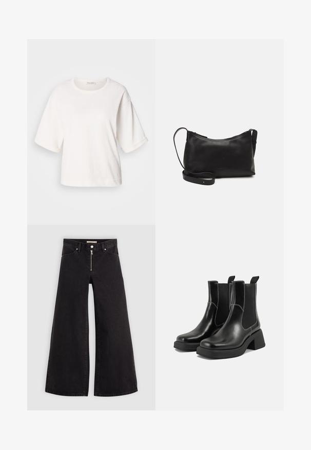 Balts kokvilnas T-krekls ar brīvu piegriezumu, īsām piegriezta piedurknēm, apaļu kaklu un gludu tekstūru. Vienkāršs, minimāls dizains.; Platas kājas džinsi melnā džinsa audumā ar rāvējslēdzēju priekšā, piecu kabatu dizains un smalkas šuvju detaļas. Gluda tekstūra un ikdienišķs stils.; Melni ādas Čelsijas zābaki ar masīvu papēdi, elastīgām sānu panelēm un kontrastējošu balto šuvumu. Teksturēts apdare.; Melna ādas plecu soma ar gludu tekstūru, izliekta forma, regulējama siksna un rāvējslēdzēja aizdare. Minimālistisks dizains bez rotājumiem.