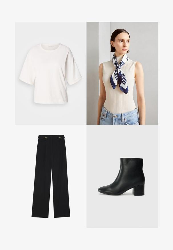Tricou alb din bumbac, cu o croială relaxată, mâneci scurte și răsucite, guler rotund și o textură netedă. Design simplu, minimalist.; Pantaloni negri cu picioare largi, talie înaltă, detalii cu butoane pe talie și pliseuri în față.; Cizme negre din piele până la gleznă, cu vârf ascuțit și toc robust. Textură netedă, cu accente minime și un design elegant, ajustat.; Eșarfă din mătase în nuanțe de albastru marin și alb, cu un model geometric în zigzag. Textură netedă, legată cu grijă în jurul gâtului, completând un top cu dungi.; Geantă tote din piele neagră cu textură netedă, formă structurată, două mânere și un detaliu proeminent din aliaj de argint pe partea din față.