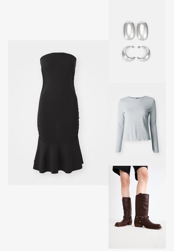 Siva rebrasta majica dugih rukava s okruglim izrezom, napravljena od meke teksturirane tkanine; sadrži lagano prošireni rub za opušteni kroj.; Crna haljina bez naramenica od rastezljivog materijala, sa nabranim detaljima duž bokova i lepršavim rubom. Glatka tekstura i prilagođen silueta.; Smeđe kožne čizme do koljena s okruglim vrhom, teksturiranom površinom, remenom oko gležnja i detaljima od srebrnog hardvera; s naboranim potplatom.; Set srebrnih naušnica: dva ovalna studa i dva polumjesečasta obruča, s sjajnom, glatkom završnom obradom i zaobljenim dizajnom.