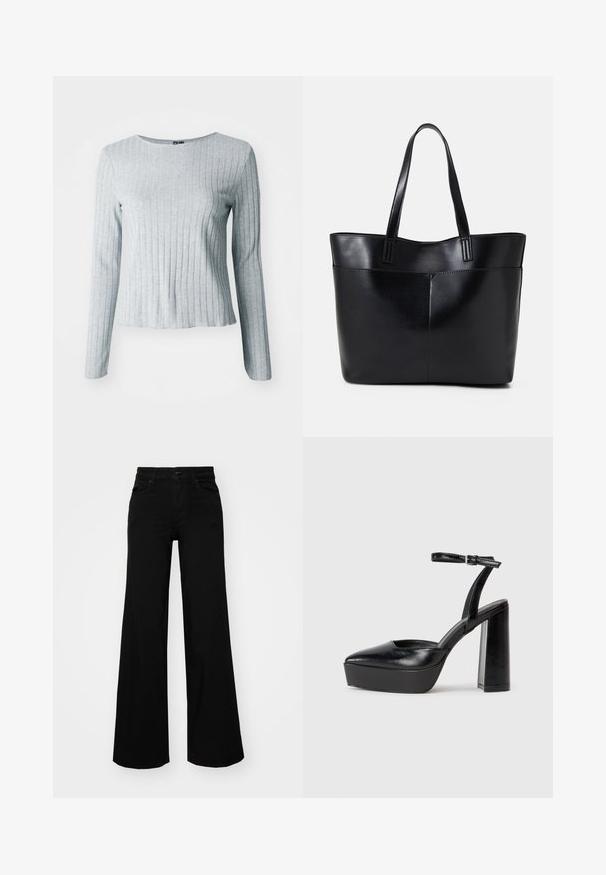 Grijze geribbelde lange mouw top met een ronde halslijn, gemaakt van een zachte, gestructureerde stof; heeft een licht uitlopende zoom voor een ontspannen fit.; Zwarte wijdvallende broek van denim, met een gestructureerde tailleband, riemlussen en voorzakken. Glad van textuur met een klassiek ontwerp.; Zwarte plateauhakken met een puntige neus en verstelbare enkelband. Gemaakt van soepel leer, met een robuuste blokhak.; Zwarte leren tote bag met twee lange handvatten, een zachte textuur en een gestructureerde vorm. Voorzien van een voorvak voor extra opslagruimte.