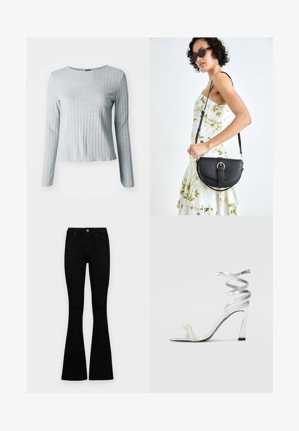 Camisola cinza de manga longa com decote arredondado, feita de tecido texturizado e suave; apresenta uma bainha ligeiramente alargada para um ajuste descontraído.; Jeans pretos de cintura alta com fecho de botão e zíper, bolsos frontais e pernas largas dispostos em cima de um fundo branco.; Sandalha de salto alto prateada com um design de tira brilhante, apresentando um detalhe semelhante a uma pérola e uma tira de tornozelo espiralada para um ajuste seguro.; Bolsa de couro preta com forma curva, alça destacável e detalhes em dourado. A bolsa possui uma aba com detalhe de fivela.