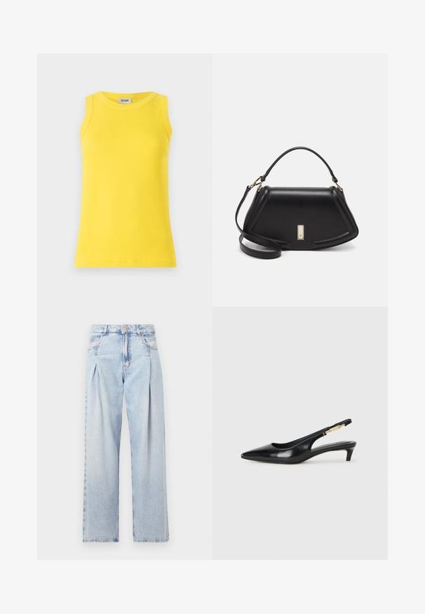 Top giallo senza maniche realizzato in tessuto a costine, caratterizzato da un colletto rotondo e una forma aderente. L'etichetta mostra "DRYKORN."; Jeans in denim azzurro chiaro con vita alta, taglio a gamba larga, due tasche laterali e design plissettato. Texture morbida con una finitura sbiadita.; Tacchi slingback in pelle nera con punta affusolata, caratterizzati da un tacco alto e un accento dorato sulla cinghia regolabile. Texture liscia.; Borsa a mano in pelle nera con un design strutturato, caratterizzata da una forma corta, manico superiore e accessori in metallo dorato. Inclusa tracolla regolabile.