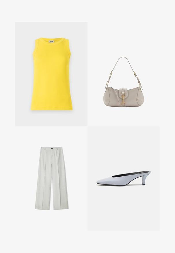 Gele mouwloze tanktop gemaakt van ribstof, met een ronde halslijn en een aansluitende pasvorm. Etiket toont "DRYKORN."; Lichtgrijze wijde broek van een gestructureerde stof, met een knoopsluiting en twee plooien aan de voorkant voor extra detail.; Lichtblauwe patentleren mule met een spitse neus, een lage doorzichtige hak, en een strak ontwerp met een uitsparing bij de vamp.; Lichtgrijze leren handtas met een gebogen vorm, gouden accenten, een sluiting aan de voorkant en gestikte details. Inclusief verstelbare schouderriem.
