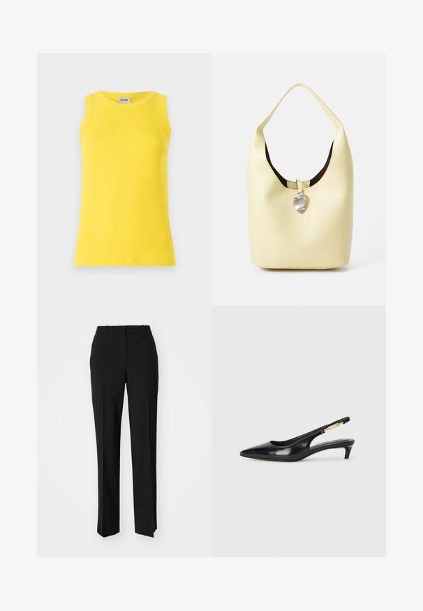 Keltainen hihaton t-paita, joka on valmistettu ribatusta kankaasta, ja siinä on pyöreä pääntie sekä vartalonmyötäinen muoto. Tunnuksessa lukee "DRYKORN."; Mustat räätälöidyt housut suoraa lahjetta, joissa on sileä pinta ja terävät taitteet edessä. Ei näkyvää metalliosaa.; Mustat nahkaiset slingback-korkokengät, joissa on terävä kärki, ohuet korot ja kultasävytteinen yksityiskohta säädettävässä hihnassa. Silkkinen pinta.; Hobo-laukku pehmeässä keltaisessa nahassa, jossa on pyöreä muoto. Ominaisuuksiin kuuluu sileä pinta, tumma vuori ja hopeasävyinen yksityiskohta suljennassa.