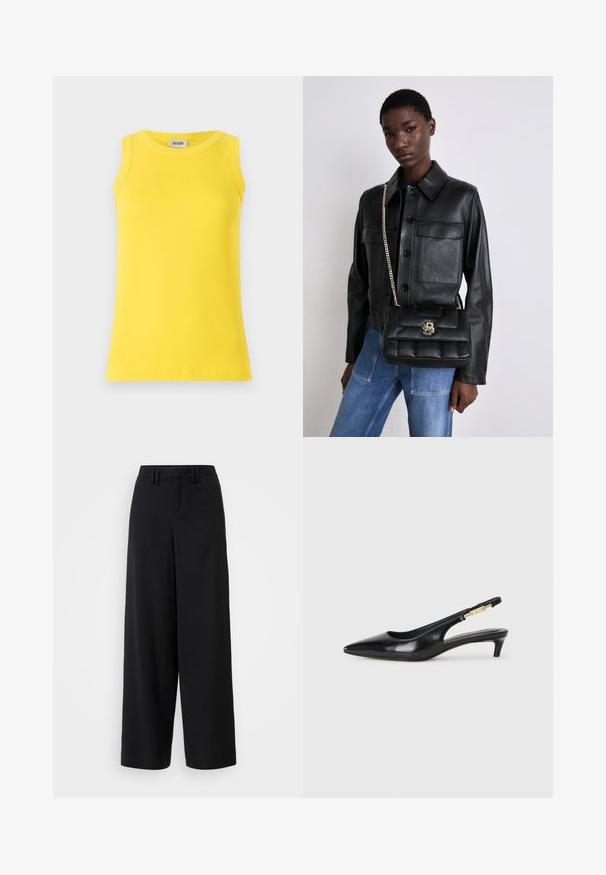 Gele mouwloze tanktop gemaakt van ribstof, met een ronde halslijn en een aansluitende pasvorm. Etiket toont "DRYKORN."; Zwarte wijde broek van gladde stof, met een flat-front ontwerp, geplooide details en riemlussen in de tailleband.; Zwarte leren slingback hakken met een spitse neus, voorzien van een slanke hak en een goudkleurige accent op de verstelbare band. Gladde textuur.; Zwarte leren jack met knoopsluiting en twee voorzakken, gecombineerd met een zwarte gevoerde handtas met een gouden sluiting en kettingriem.