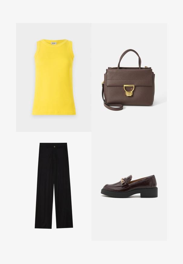 Camiseta sin mangas amarilla hecha de tela acanalada, con un escote redondo y una forma ajustada. La etiqueta muestra "DRYKORN."; Pantalones negros de pierna ancha hechos de una tela suave, con bolsillos delanteros y cierre de botón en la cintura. Diseño minimalista sin patrones.; Mocasín de cuero marrón con una hebilla de acento dorado, tacón negro de bloque y una textura suave. La vista lateral muestra la punta redondeada y el detalle de costura.; Bolso de mano de cuero marrón con superficie texturada, herrajes dorados, asas superiores y correa de hombro desmontable; cuenta con una solapa frontal con cierre de broche.; Reloj de pulsera rectangular de tono dorado con esfera blanca, marcadores de horas de tono plateado y una duradera pulsera de metal. Incluye función de resistencia al agua.