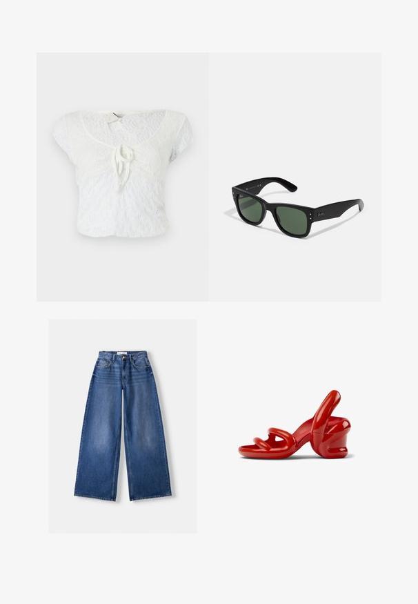 Biały krótki top wykonany z teksturowanej koronki, z zaokrąglonym dekoltem, krótkimi rękawami i detalami z przodu w postaci zawiązania.; Biała lniana koszula bez rękawów z głębokim dekoltem w kształcie V i sznurówką z przodu. Posiada kołnierzyk, boczne szwy oraz wiązanie na dole.; Bershka WIDE granatowy; Czerwone rzeźbiarskie obcasy wykonane z błyszczącego materiału, z zakrzywionymi paskami i masywnym projektem obcasa. Gładka faktura z zabawnymi kształtami.; Czarne prostokątne okulary przeciwsłoneczne z zielonymi soczewkami, matowe wykończenie, subtelne akcenty metalowe i wytłoczone logo na zauszniku.; Niebieski plisowany szalik z miękkiego, teksturowanego materiału. Posiada abstrakcyjne białe wzory rozmieszczone w pętli.