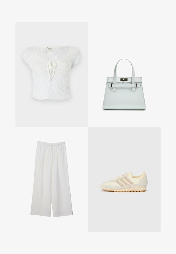 Weißes, kurzes Oberteil aus strukturiertem Spitzenstoff, mit rundem Ausschnitt, kurzen Ärmeln und einem vorderen Bindedetail.; Weiße, weit geschnittene Hosen aus leichtem Stoff, mit einem elastischen Bund und einem Zugband für eine verstellbare Passform. Glatte Textur.; Cremefarbene sportliche Sneakers mit drei beigen Streifen, aus Wildleder und Textilmaterialien, einer strukturierten Sohle und geprägtem Branding an der Ferse.; Helle blaue Handtasche mit strukturiertem Design, zwei Griffen und einem Beschlag aus silberfarbenem Metall. Texturiertes Material und scharfe Ecken.
