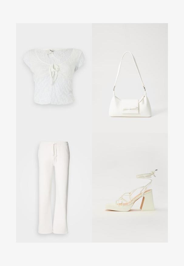 White cropped top made of textured lace, featuring a rounded neckline, short sleeves, and a front tie detail.; White, relaxed-fit sweatpants made of soft fabric, featuring an elastic waistband with a drawstring and straight-leg design.; White high-heeled sandal with a chunky heel, featuring a strappy design and ankle tie. Smooth texture with a platform front for added height.; White synthetic handbag with a triangular shape, flat front flap and bow detail, adjustable strap, smooth texture, and minimalistic design.