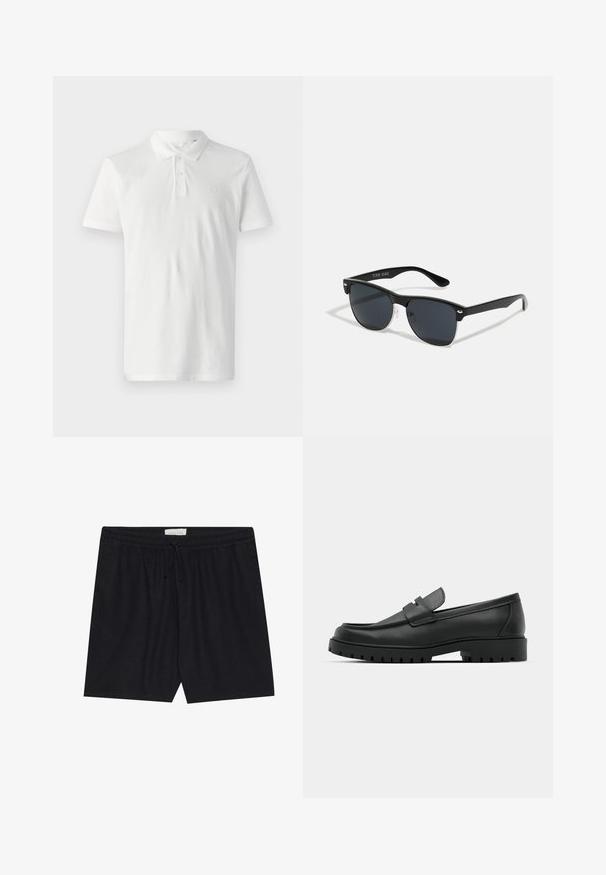 Hvid polo shirt lavet af bomuld med kravehals, tre knapper og korte ærmer. Har et diskret logo på brystet.; Sorte shorts med elastisk talje og snore, der har en glat tekstur og lige skæring, velegnet til afslappet brug.; Sorte læder loafers med rund tå, der har et syet design, lav platformssål og en struktureret, skridsikker gummisål.; Sorte solbriller med rektangulær form, mørke linser, sølvdetaljer ved tindingerne og en mat finish på stellet.
