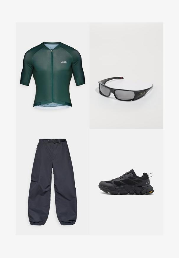 Mørkegrønn sykkeltrøye med korte ermer, en glidelås foran og subtile logodetaljer. Laget av lett og pustende materiale.; Mørkegrå cargo bukser laget av et mykt, slitesterkt materiale. De har en bred, løs passform, flere lommer og et belte i midjen for justering.; Svarte sportssko med en kraftig såle, mesh- og syntetisk overdel, teksturerte detaljer og Vibram-merket på sålen.; Svart Oakley-wraparound solbriller med mørke rektangulære linser og buede armer på en hvit bakgrunn.