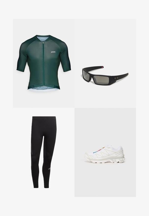 Maillot de cyclisme vert foncé à manches courtes, avec une fermeture éclair à l'avant et un logo discret. Fabriqué en matériau léger et respirant.; Leggings de sport noirs en matériau extensible, dotés d'une taille haute, d'accents réfléchissants et d'un logo près de la cheville. Texture lisse.; Basket de sport blanche avec tige en mesh texturé, accents réfléchissants et semelle rembourrée. Logo de marque notable sur le côté.; Lunettes de soleil noires avec une finition mate, verres rectangulaires, légère courbure sur les branches, détail de logo subtil et verres teintés fumés.
