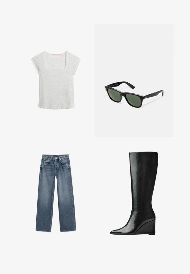 Lichtgrijze, kortekorte top met een vierkante halslijn, geribbelde textuur en golfranden. Zachte stof, casual ontwerp en relaxte pasvorm.; Hoge taille wijde spijkerbroek in medium blauwe denim met een vervaagde afwerking, vijf pocketdesign en zilverkleurige knoopsluiting.; Kniehoge zwarte leren laarzen met een slanke, puntige neus en een wiggle heel. Het oppervlak is glad met een glanzende afwerking.; Zwarte plastic zonnebril met groene lenzen, vierkante montuur, zilveren accent op de wenkbrauw en een gestructureerde tempel. Merken vermeld op de binnenkant van de arm.; Mango Handtas - black