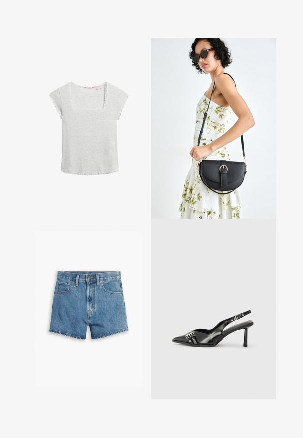 Lys grå, kortærmet top med firkantet halsudskæring, ribbet tekstur og bølgede kanter. Blødt stof, afslappet design og løs pasform.; Denim shorts i lyseblå, med fem lommer, lynlås og knappelukning. Kanten er tattered med et afslappet fit design.; Sorte patenterede læderslagback sko med spids tå, ankleremme med sølvspænder og hardware samt en slank hæl.; Sort læderhåndtaske med en buet form, aftagelig rem og guldfinish. Tasken har en klap med en spænde detalje.