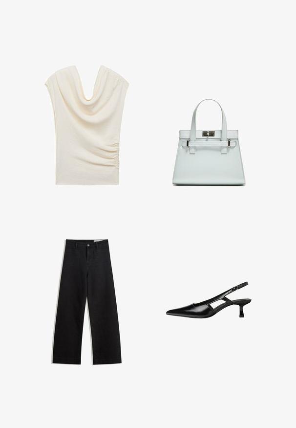 Drapirana brezrokavna bluzica iz lahkega kremnega materiala, ki vključuje globok dekolte in nabran stranski detajl za teksturirano obliko.; Črne široke denim hlače z visokim pasom, ki imajo sprednje in zadnje žepe, šivane šive ter gumbasto zapiranje. Gladka tekstura.; Črne patentični usnjeni salonarji s slingback designom, z zašiljenim nosom, izrezanim stranskim dizajnom in majhnim kvadratnim peto. Gladka tekstura z minimalnimi detajli.; Svetlo modra torbica z oblikovano zasnovo, dvema ročkama in kljuko iz srebrno-toniranega materiala. Teksturni material in ostri koti.