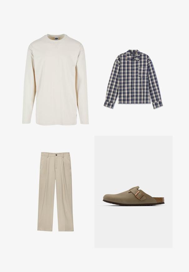 Dugi rukav kremasti majica od mekanog pamuka, s okruglim izrezom i bočnim prorezima za dodatnu udobnost. Minimalistički dizajn, jednolika tekstura.; Košulja s dugim rukavima s kariranim uzorkom u tamnoplavoj i krem boji, s dugmićima sprijeda, ovratnikom i malim džepom na prsima s bijelim natpisom.; Bež hlače ravnog kroja s jednim crnim gumbom, petljama za remen i bočnim džepovima. Glatka tekstura tkanine i minimalistički dizajn.; Smeđi drvenjaci s glatkom, mat površinom. Imaju istaknut brončani kopču s jedne strane. Korkana unutrašnjost i gumeni potplat za udobnost.