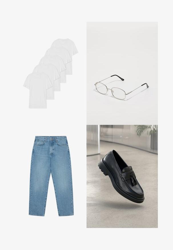 Sechs weiße Baumwoll-T-Shirts mit kurzen Ärmeln und Rundhalsausschnitten, die in einer Reihe angeordnet sind. Sie haben eine glatte Textur und keine sichtbaren Muster.; Hellblaue Jeans aus Denim mit geradem Bein, Fünf-Taschen-Design und leicht verwaschener Textur. Mit Knopf- und Reißverschluss ausgestattet.; Schwarze Leder-Loafer mit glatter Oberfläche, dekorativem Quasten, dicker Gummisohle und abgesteppten Akzenten. Leichtes und schlankes Design.; Metallbrille mit ovalem Rahmen, silbernen Fassungen und klaren Gläsern. Schmale, gerade Bügel mit schwarzen Enden, minimalistisches Design.