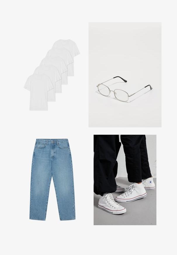 Sei t-shirt bianche in cotone con maniche corte e scolli tondi disposte in fila, caratterizzate da una texture liscia e senza motivi visibili.; Jeans in denim azzurro chiaro con taglio a gamba dritta, design a cinque tasche e una texture leggermente slavata. Presentano una chiusura con bottone e zip.; Sneakers alte in tela bianca con suola in gomma, dotate di occhielli in argento e strisce rosse e blu lungo la suola.; Occhiali in metallo con montatura ovale, cornici argentate e lenti trasparenti. Aste sottili e dritte con punte nere, design minimalista.