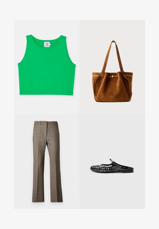 Top corto verde hecho de una tela suave con cuello redondo y ribete acanalado. Sin patrones ni acentos. Etiqueta visible en el cuello.; Pantalones a cuadros marrones con corte recto, que presentan una tela texturizada y colores sutiles de beige y marrones oscuros a lo largo del patrón.; Tory Burch MELLOW MARY JANE - Sandalias planas - perfect black/gold; Bolso tote de ante marrón con asas dobles, una correa de cierre con botón y una forma relajada, ligeramente caída.
