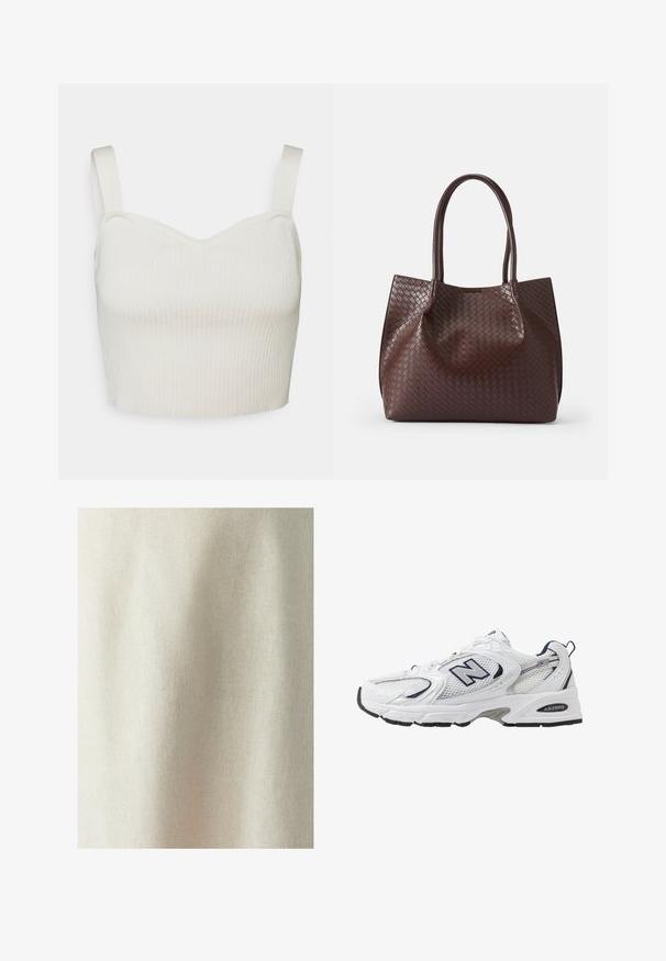 Rippenshirt, kurz geschnitten in Off-White mit Herz-Ausschnitt und verstellbaren Trägern. Der Stoff wirkt weich und dehnbar für optimalen Komfort.; Helles beige Gewebe mit subtiler Textur und gleichmäßigem Gewebe, das weiche Falten und Knitter zeigt, geeignet für verschiedene textile Anwendungen.; Weißer Sportschuh mit Mesh-Obermaterial, navyblauen Akzenten und gepolsterter Sohle. Verfügt über das "N"-Logo, Schnürsenkel und eine strukturierte Detailverarbeitung an der Seite.; Braune geflochtene Leder-Tasche mit zwei Griffen, die eine strukturierte Oberfläche und ein offenes Design aufweist. Minimalistische Form ohne zusätzliche Beschläge.