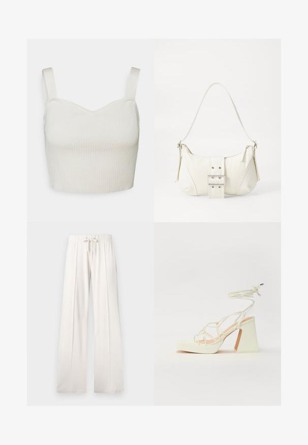 Ribbed, cropped top in off-white with a sweetheart neckline and adjustable straps. Fabric appears soft and stretchy for comfort.; Light beige sweatpants made of soft fabric, featuring a drawstring waist, wide legs, and vertical seams, with a smooth texture.; White high-heeled sandal with a chunky heel, featuring a strappy design and ankle tie. Smooth texture with a platform front for added height.; White shoulder bag with a textured finish, a central buckle accent, and a curved shape. Zipper closures on both sides.