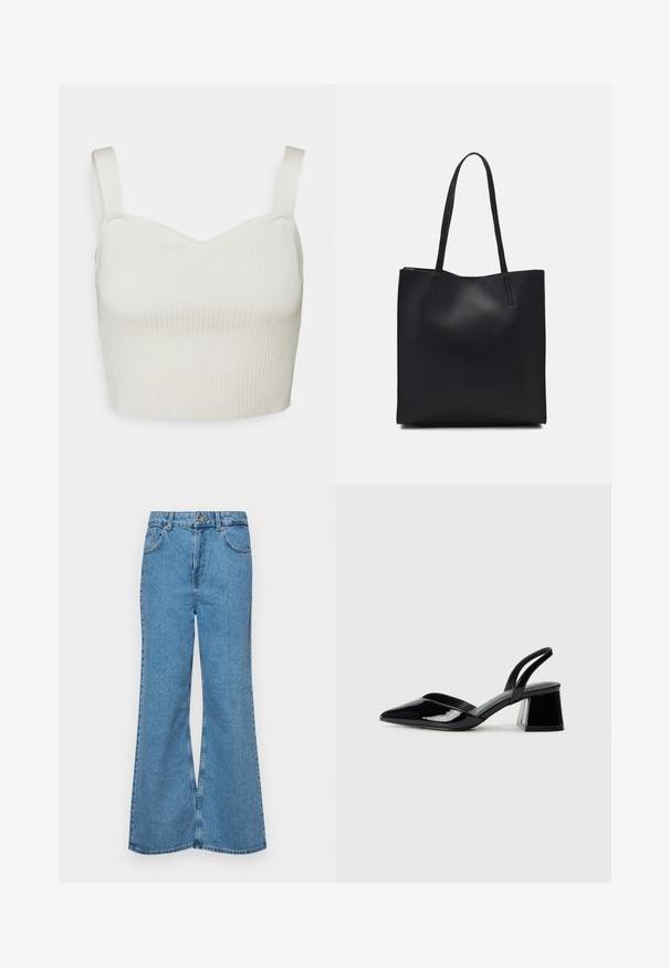 Geribbelde, cropped top in off-white met een sweetheart halslijn en verstelbare bandjes. De stof lijkt zacht en rekbaar voor comfort.; Lichtblauwe flared jeans van denim, met een hoge taille, vijf zakken en een enkele knoopsluiting. Zachte textuur met een vervaagde afwerking.; Zwarte gepatineerde leren slingback hakken met een spitse neus en een geometrische blokhak. Kenmerkt zich door een slank, minimalistisch ontwerp en een gladde textuur.; Zwarte leren handtas met een gladde textuur, rechthoekige vorm en twee lange handvaten. Geen zichtbare hardware of versieringen.