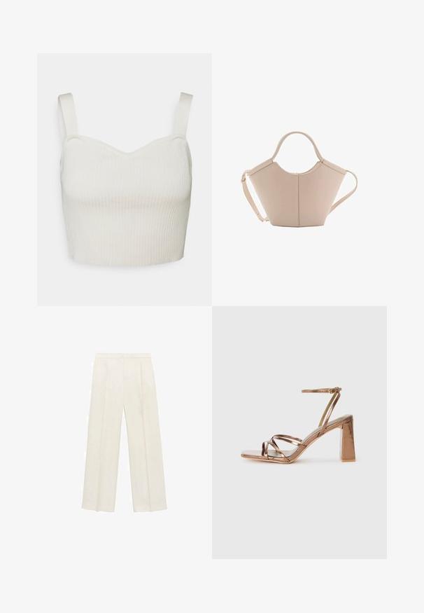 Geribbelde, cropped top in off-white met een sweetheart halslijn en verstelbare bandjes. De stof lijkt zacht en rekbaar voor comfort.; Wijdgevallen broeken in een lichtcrème kleur. Gemaakt van een zachte stof met plooien aan de voorkant en zijzakken.; Bronzen sandalen met hoge hakken, vierkante teen, dunne enkelband en kruislings ontwerp aan de voorkant. Gladde metallic afwerking.; Beige leren handtas met een unieke vorm, voorzien van twee korte handvatten en een lange verstelbare schouderriem. Glad oppervlak met minimale hardware.