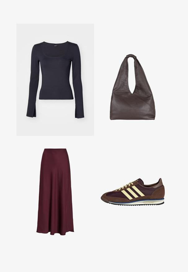 Bluză cu mâneci lungi, de culoare bleumarin închis, cu decolteu rotund, siluetă ajustată, fante laterale la tiv și țesătură netedă și elastică.; Fustă maxi din satin bordeaux cu o textură netedă, talie înaltă și o siluetă fluidă care se lărgește ușor spre margine.; Sneaker maro și burgund cu materiale din suede și plasă, având trei dungi crem, țesătură texturată pe limbă și o talpă din cauciuc.; Geantă din piele maro cu un design oversized, relaxat. Dispune de un mâner în formă de buclă și o deschidere adâncă în formă de V pentru acces ușor. Textură moale, stil minimalist.